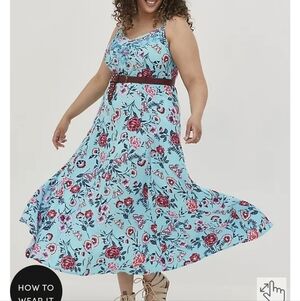 🆕️👗🌺🦋AQUA BLUE FLORAL & BUTTERFLIES TRAPEZE MAXI DRESS - CHALLIS🦋🌺